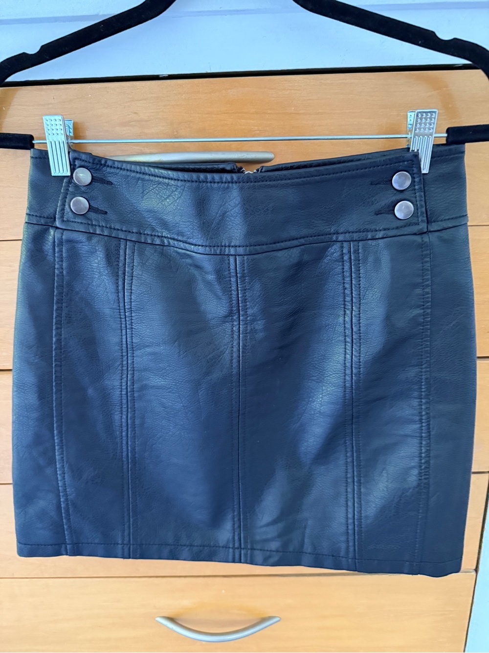 Free People Black Faux Leather Mini Skirt with Snap Detail - Size 4